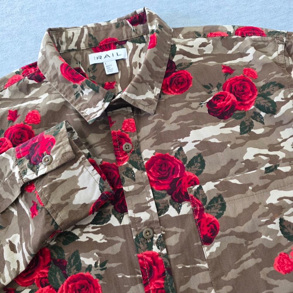 The Rail Mens Large Camo Rose Floral Long Sleeve Button Down Shirt Brown Red
